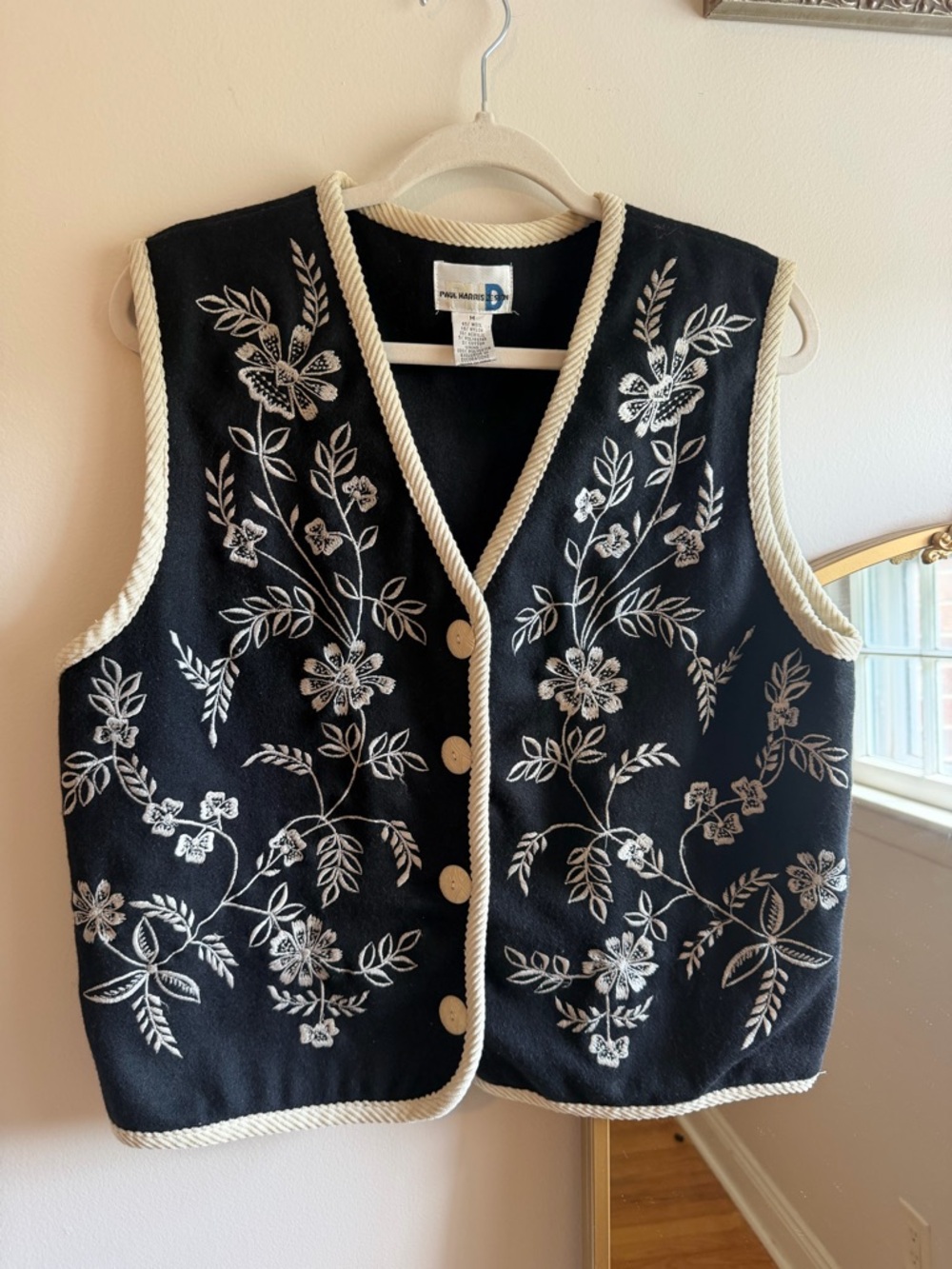 Black Embroidered Floral Sweater Vest with Cream Trim